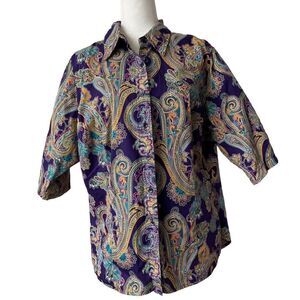 Jones New York Purple Paisley Blouse Short Sleeves 100% Cotton 2X